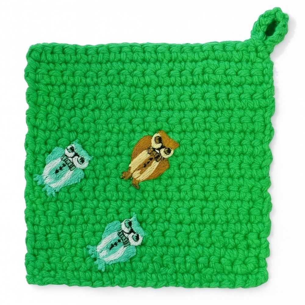 Green Crochet Pot Holder with Embroidered Owls